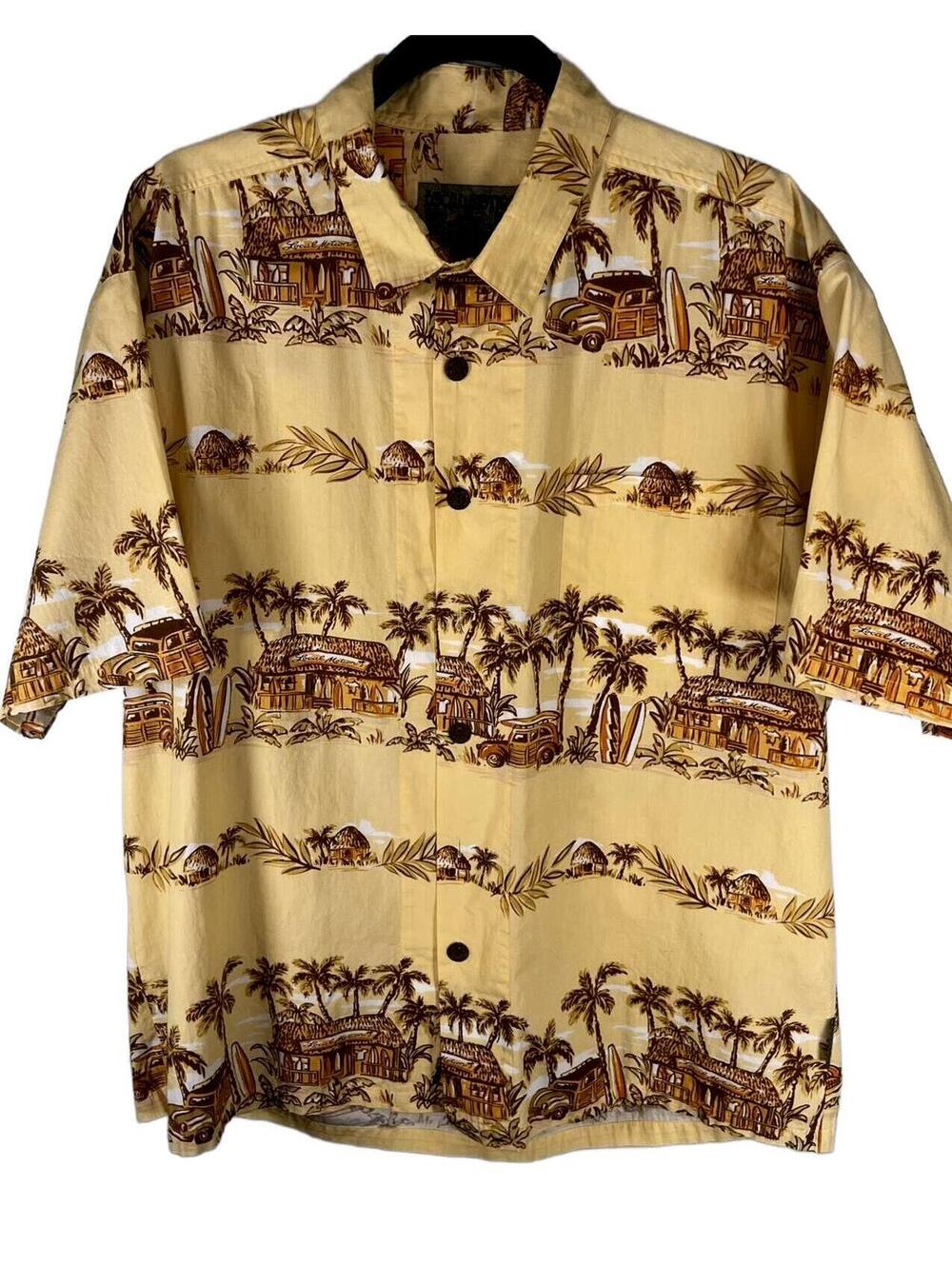 Local Motion Hawaiian Shirt Cotton L Yellow Surf Retro Woody Wagon Coastal Gym